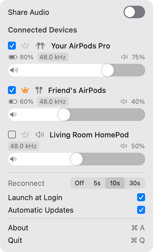 PairPods menu showing connected Bluetooth devices and their individual audio controls.
